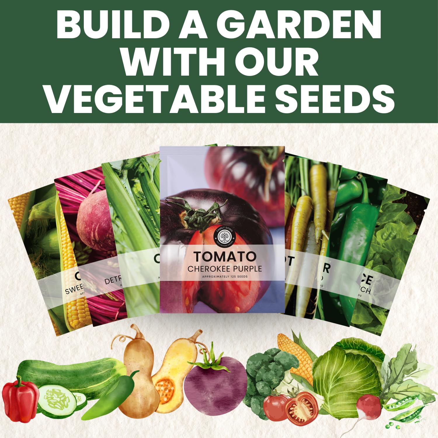 Family Sown 2026 packaging guides Cherokee Purple tomato planting.