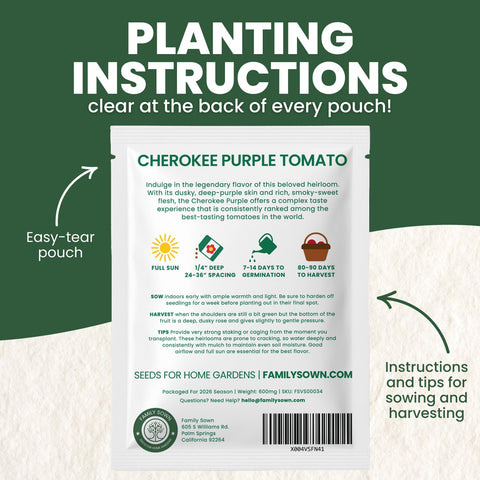 Family Sown Cherokee Purple tomatoes display rich color and smoky sweetness on the vine.