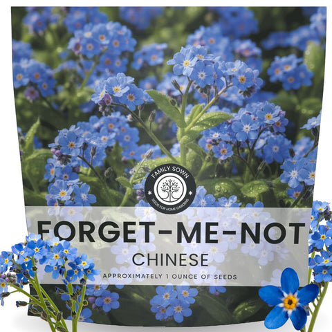 Family Sown Chinese Forget Me Not seeds in a 1-ounce pouch, perfect for spring color.