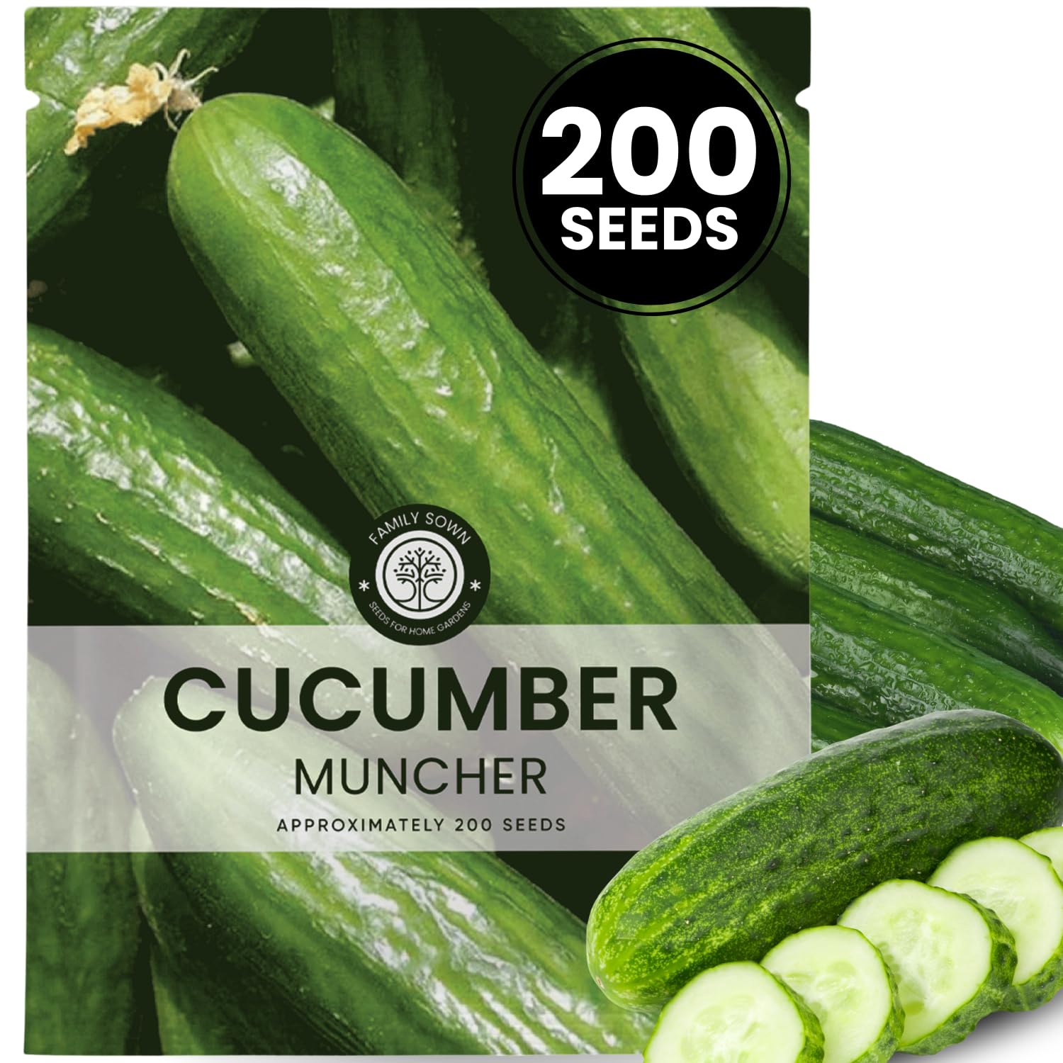 Family Sown Cucumber Muncher seed packet front ready for reliable germination