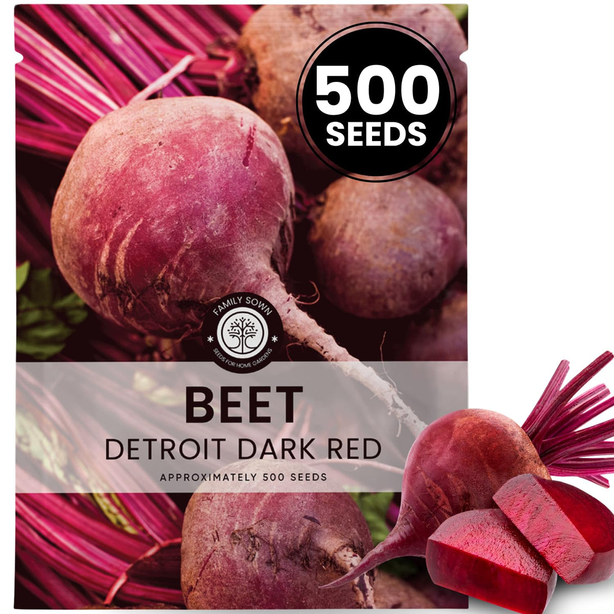 FAMILY SOWN Detroit Dark Red Beet seeds packet ready for planting with sweet beets and nutritious greens.
