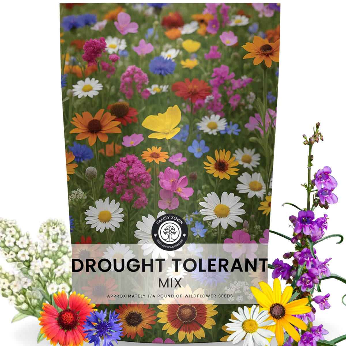 Family Sown drought-tolerant mix seeds packaging—ideal for low-water landscapes.