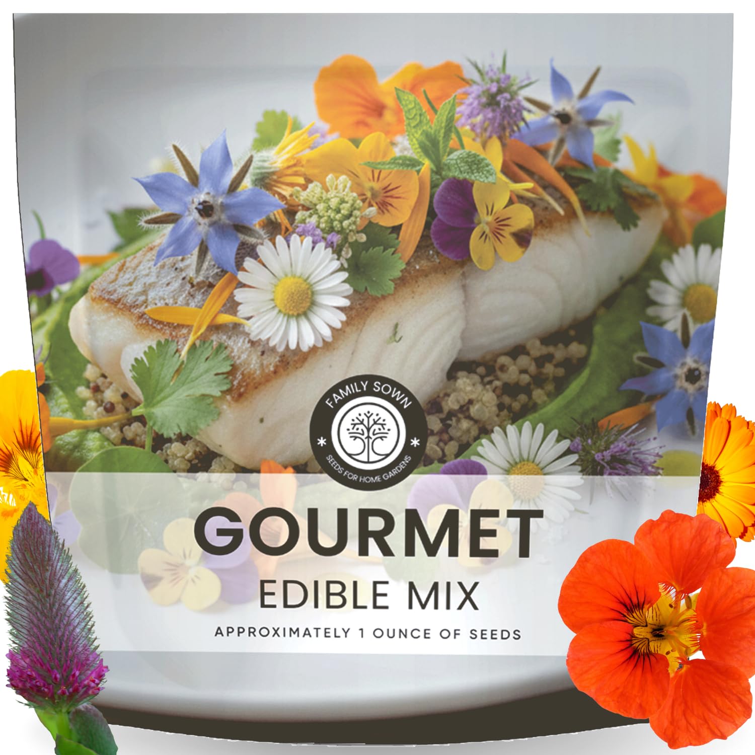 Family Sown gourmet edible mix seeds pack shot showing vibrant edible flowers for salads