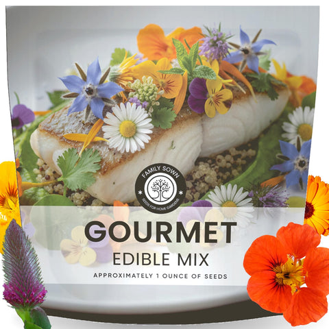 Family Sown gourmet edible mix seeds pack shot showing vibrant edible flowers for salads