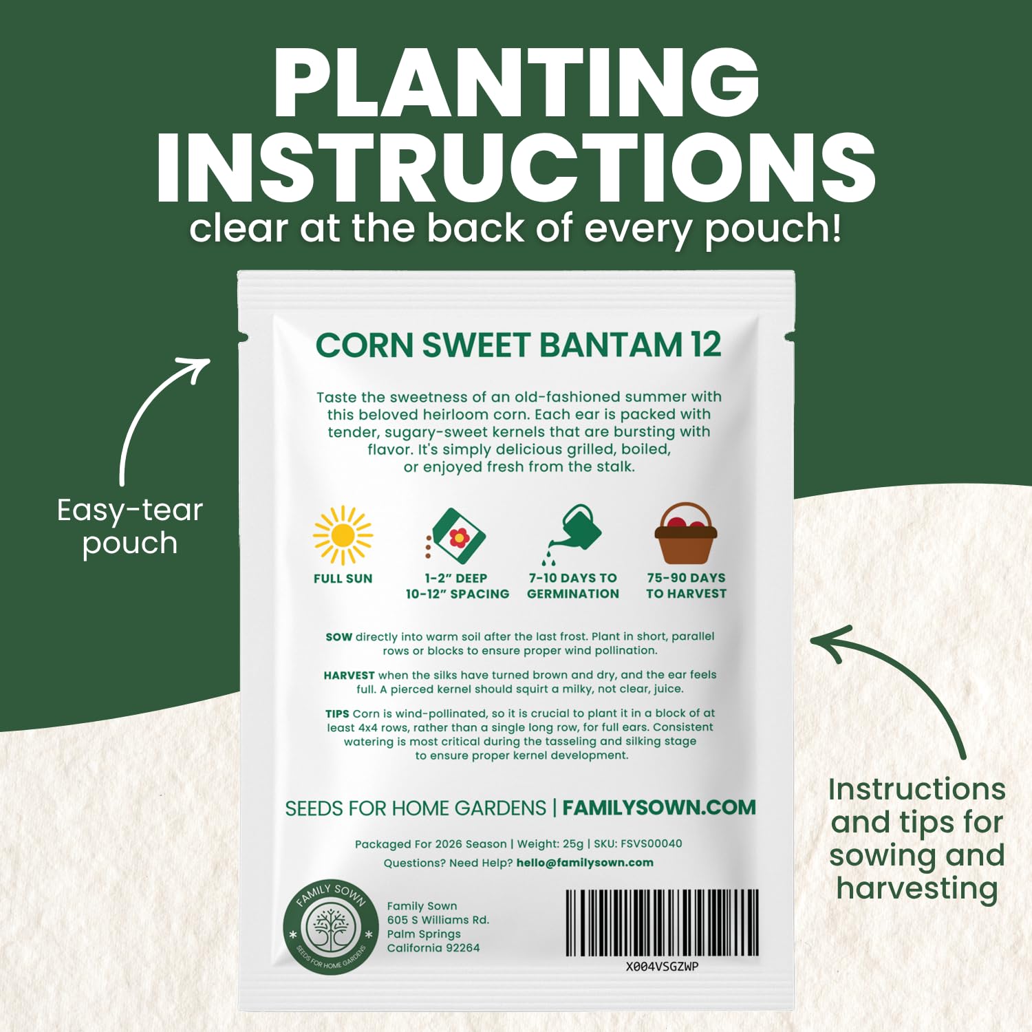 Family Sown heritage sweet corn ear highlighting classic tenderness and flavor.