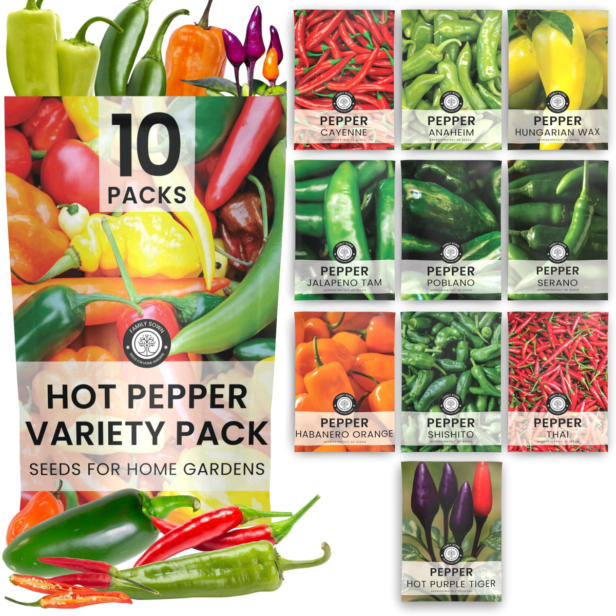 Family Sown hot pepper seed packaging laid out for indoor planting