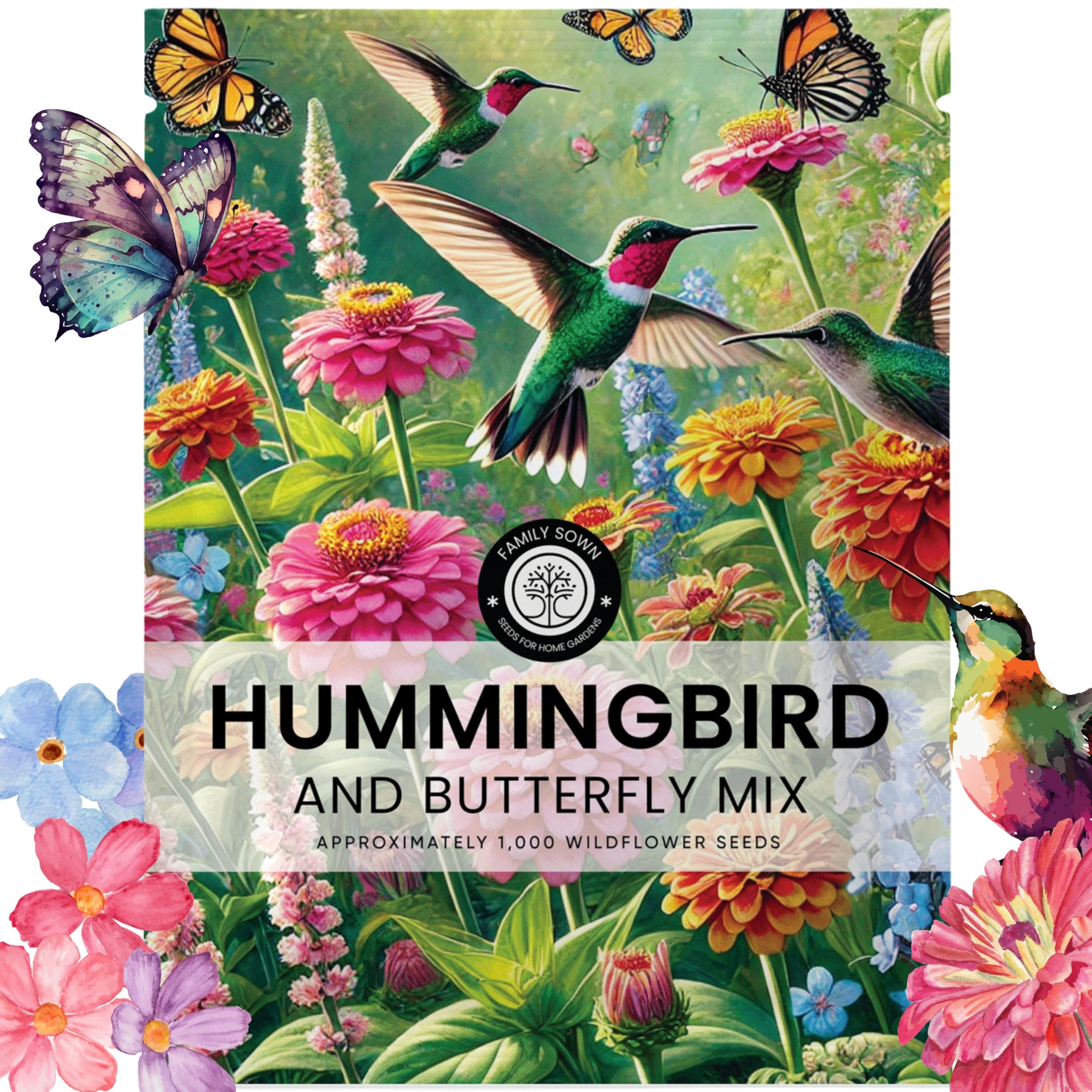 Family Sown Hummingbird Butterfly Mix envelope with seeds for a pollinator-friendly garden.