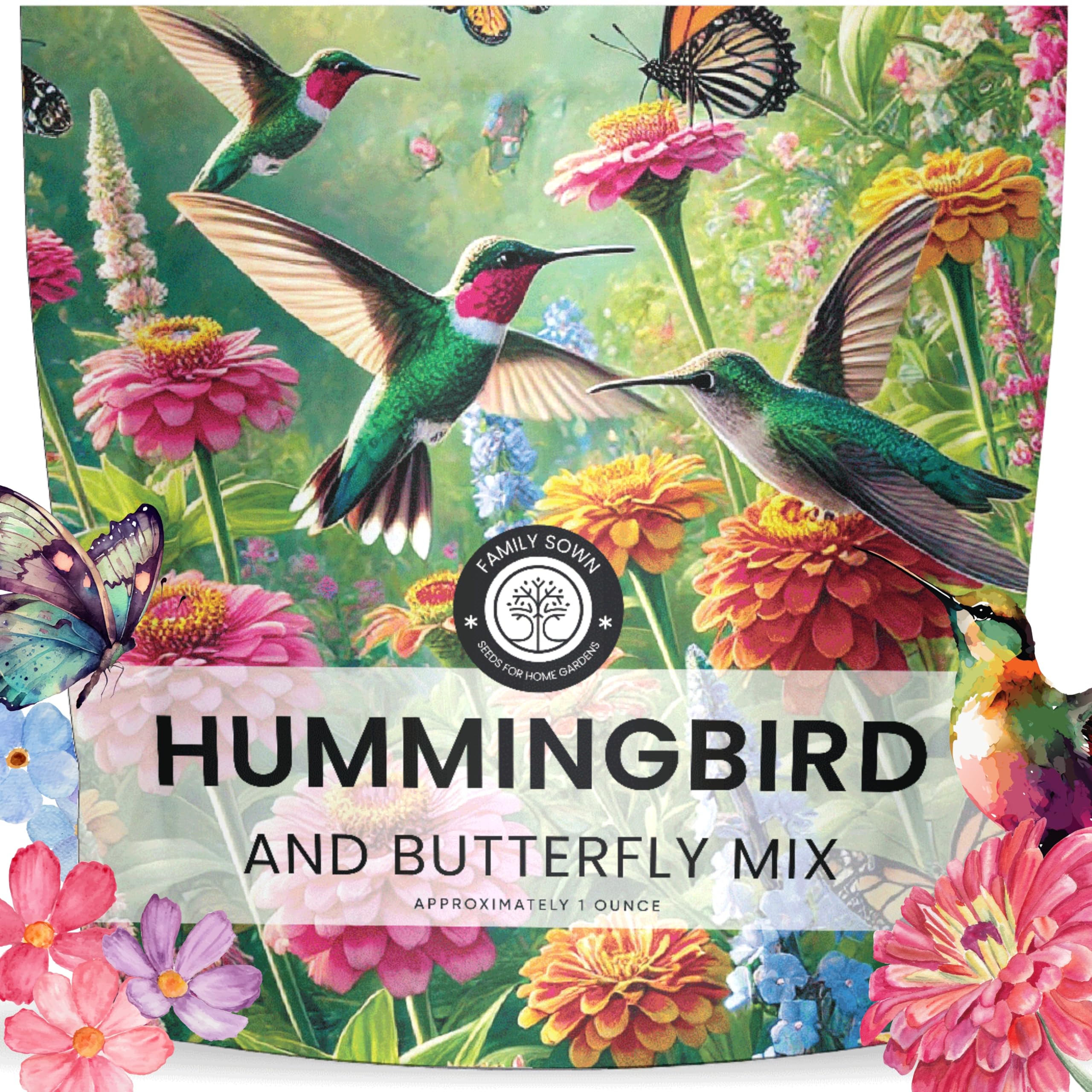 Family Sown hummingbird-butterfly mix seed packet ready for planting and pollinators