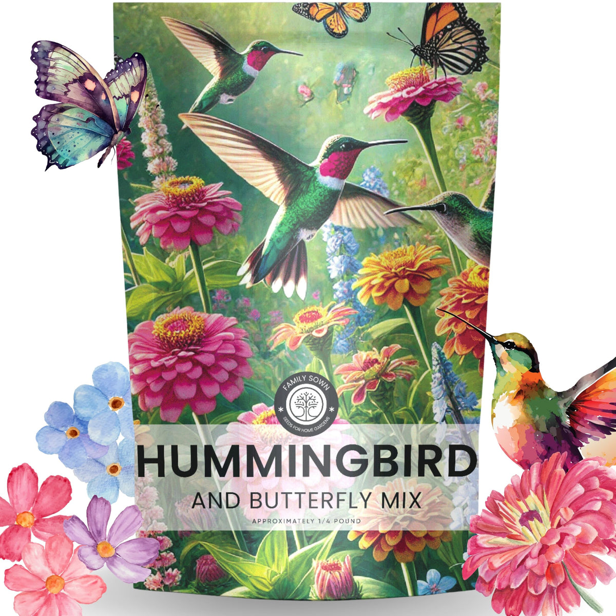 Family Sown hummingbird butterfly mix pouch attracts pollinators for a vibrant garden.