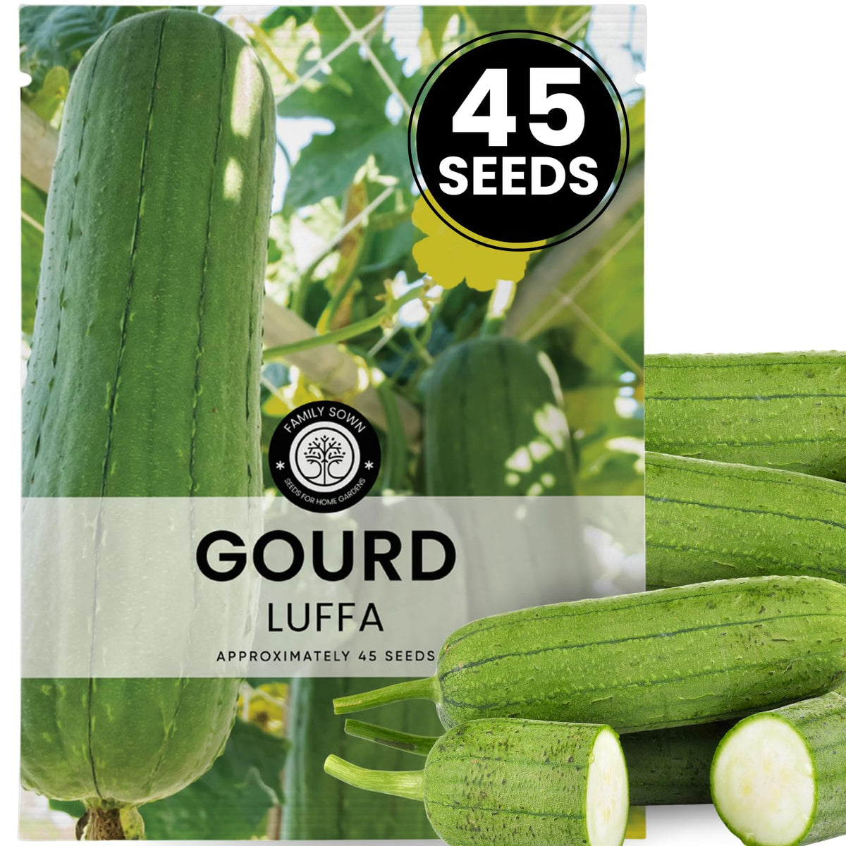 Family Sown luffa gourd seeds in a 45-pack, ready for dependable germination and vigorous vines.