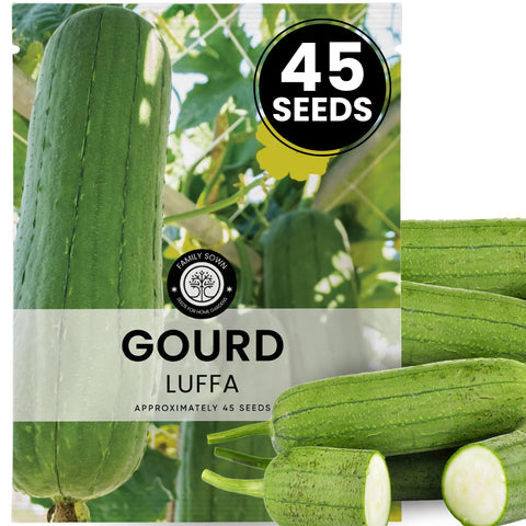 Family Sown luffa gourd seeds in a 45-pack, ready for dependable germination and vigorous vines.
