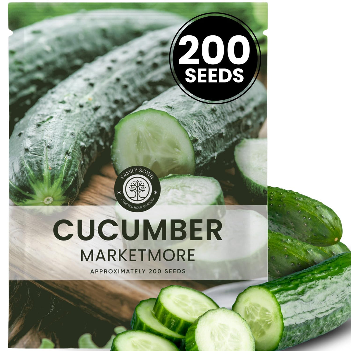 Family Sown Marketmore cucumber seeds ready for planting with reliable germination.