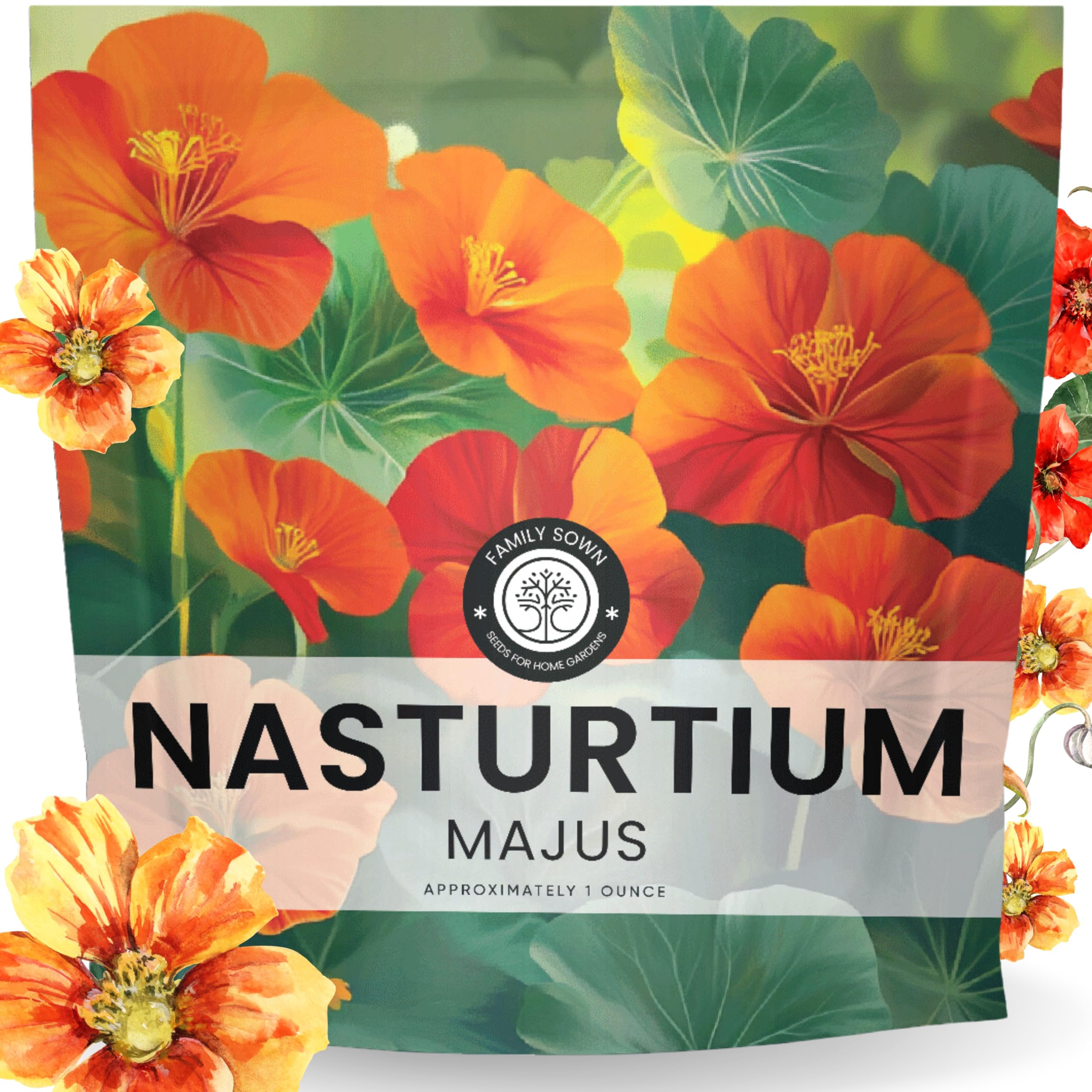 Family Sown Nasturtium majus seed packet front, a large 1-ounce pack for big planting projects.