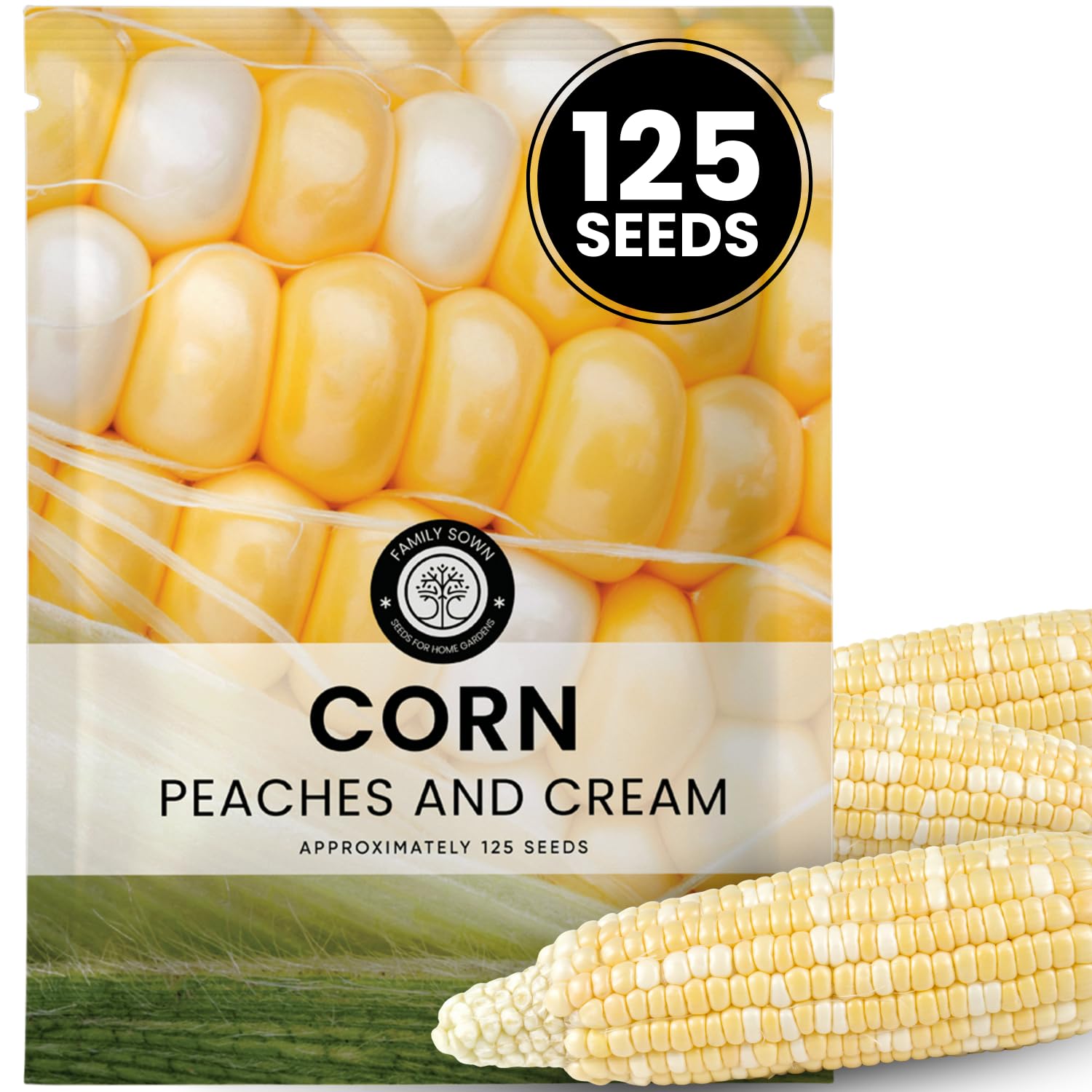 Family Sown Peaches and Cream corn ears close-up, crisp flavor ready for garden-to-table meals.