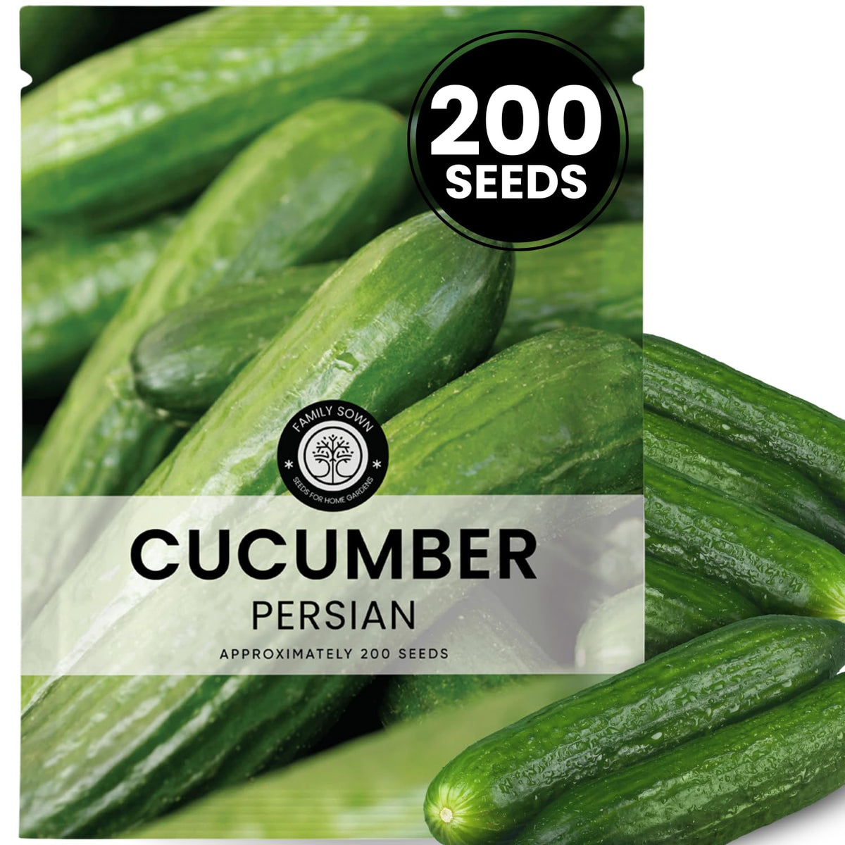 Family Sown Persian cucumber seeds packet, reliable germination for steady harvest.
