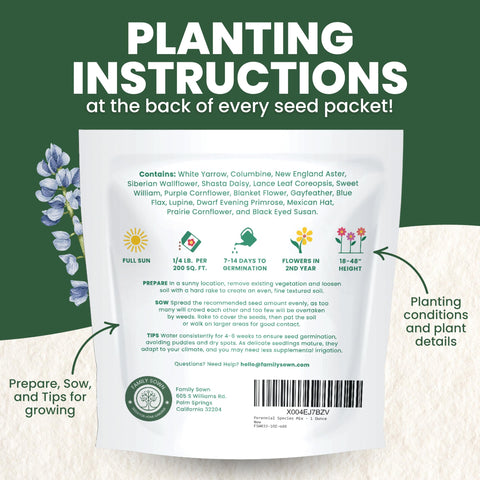 FAMILY SOWN seed packet contents with simple planting instructions.