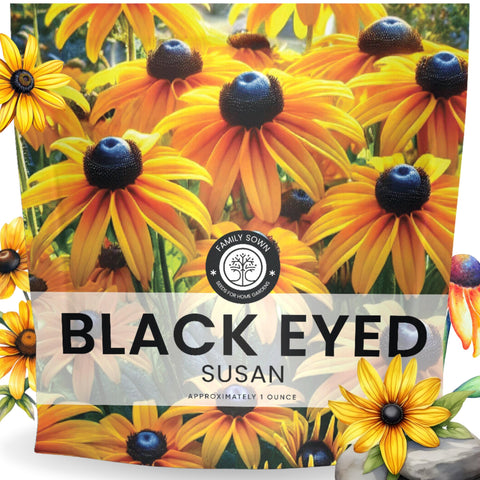 Family Sown Black Eyed Susan seed packet front for easy planting inspiration