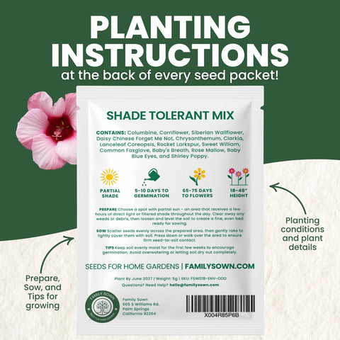 FAMILY SOWN shade-tolerant mix blooms in a dappled sun garden.