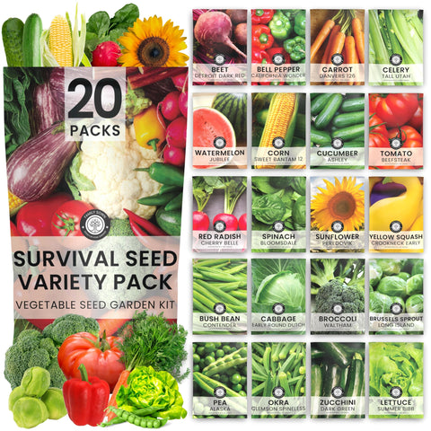 Family Sown survival seed pack showing 20 varieties for year-round resilient gardening.