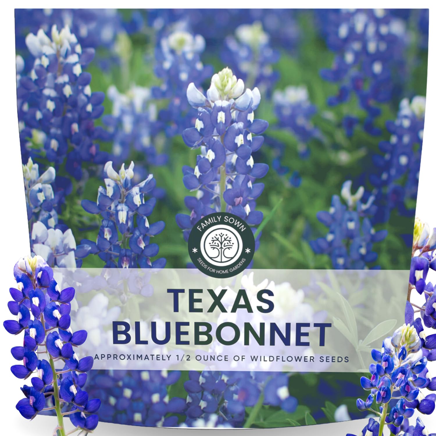Family Sown Texas Bluebonnet seeds in pouch ready for spring planting and color.