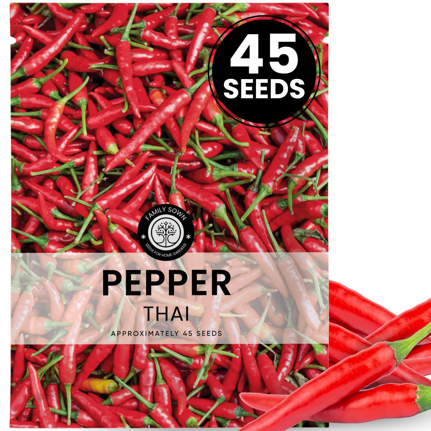 Family Sown Thai Pepper seeds pack front for quick germination and steady yields.