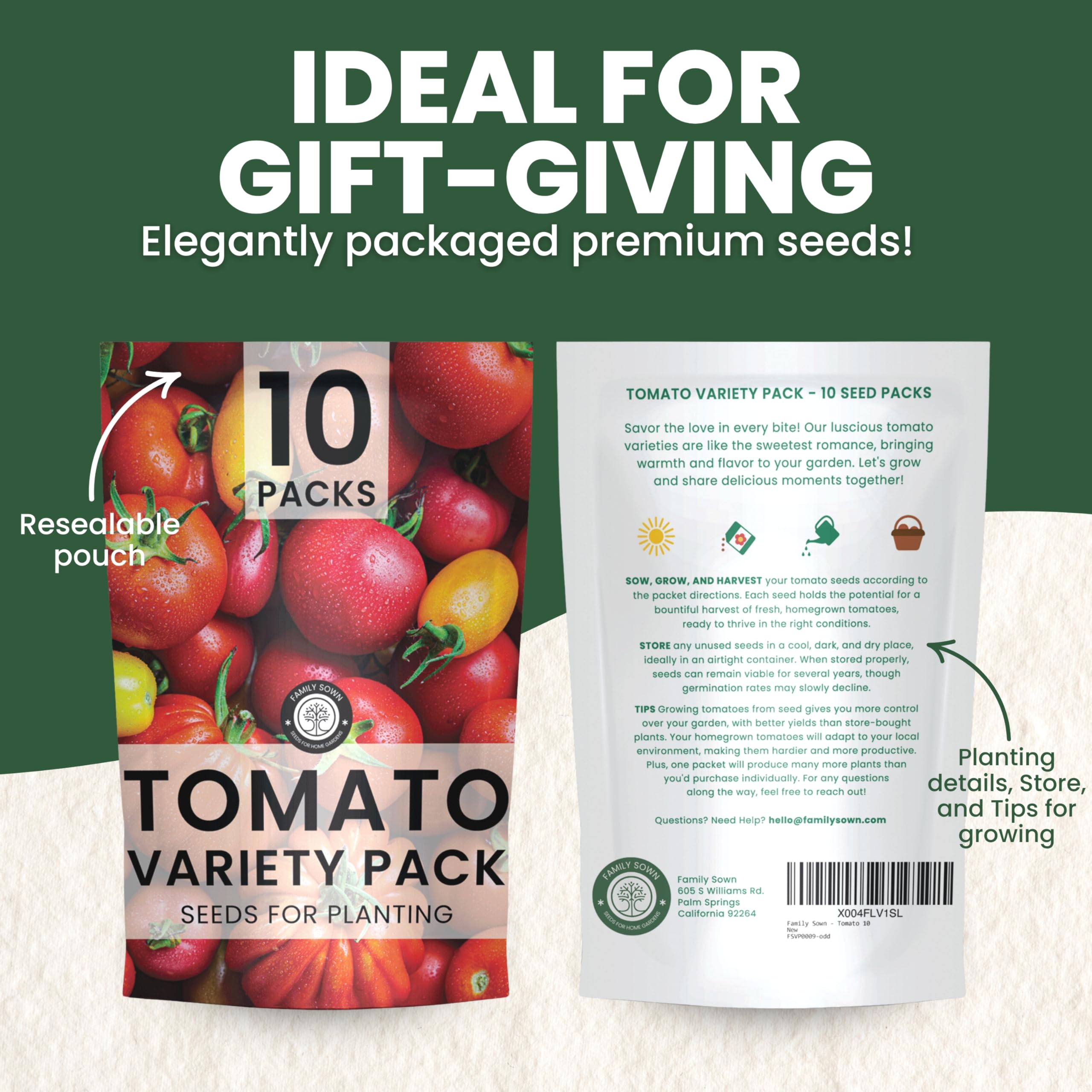 Family Sown tomato seed packets with individual varieties for flexible planting