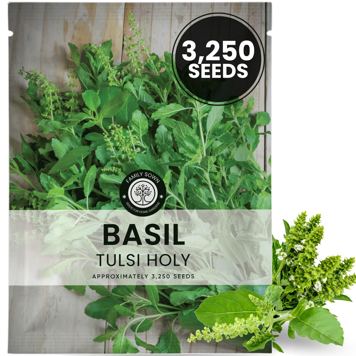 FAMILY SOWN Tulsi Holy Basil seeds in a sealed 1-gram pouch, ready for reliable spring planting.