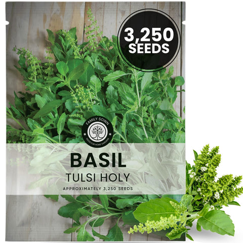 FAMILY SOWN Tulsi Holy Basil seeds in a sealed 1-gram pouch, ready for reliable spring planting.