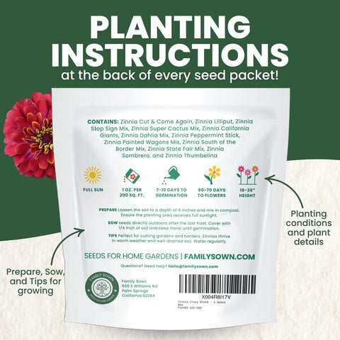 Family Sown Zinnia Crazy Blend shows single and double petal forms for dynamic designs.