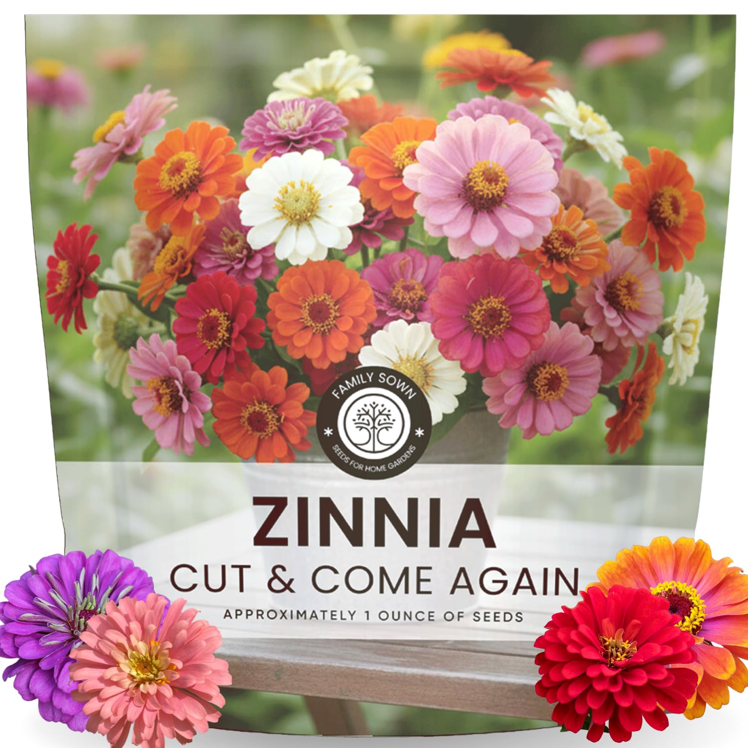 Family Sown Zinnia Cut and Come Again seeds in 1 oz pouch for easy sowing.