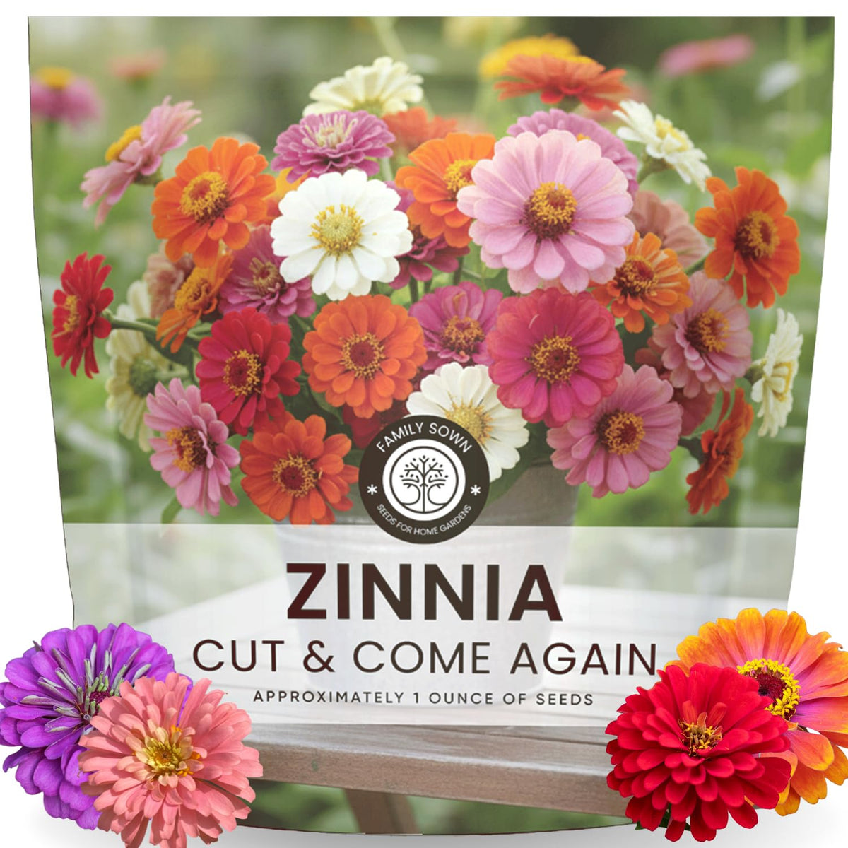 Family Sown Zinnia Cut and Come Again seeds in 1 oz pouch for easy sowing.