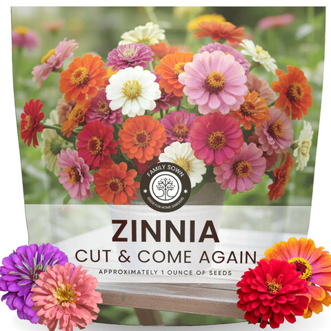 Family Sown Zinnia Cut and Come Again seeds in 1 oz pouch for easy sowing.