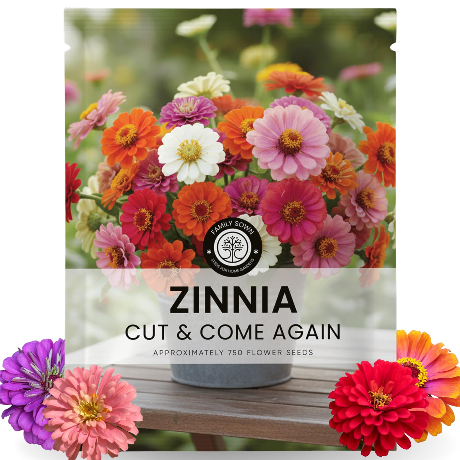 FAMILY SOWN Zinnia Cut and Come Again seeds pack for continuous color all season.