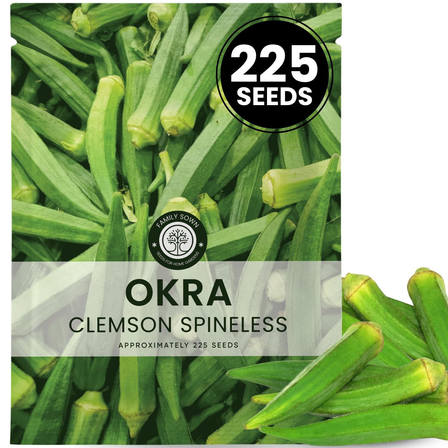 Family Sown Clemson Spineless okra seeds in a 15 g pouch for reliable spring planting.