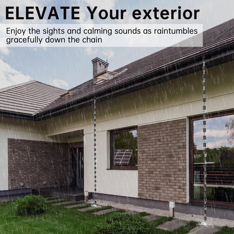 Famiron square rain chain in backyard setting enhances curb appeal and ambiance.