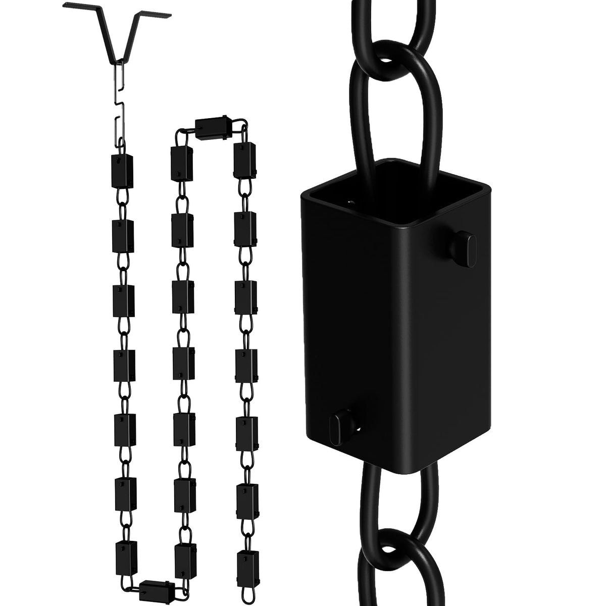 Famiron square rain chain cup close-up shows sturdy aluminum and 23 cups for elegant rainfall sounds.