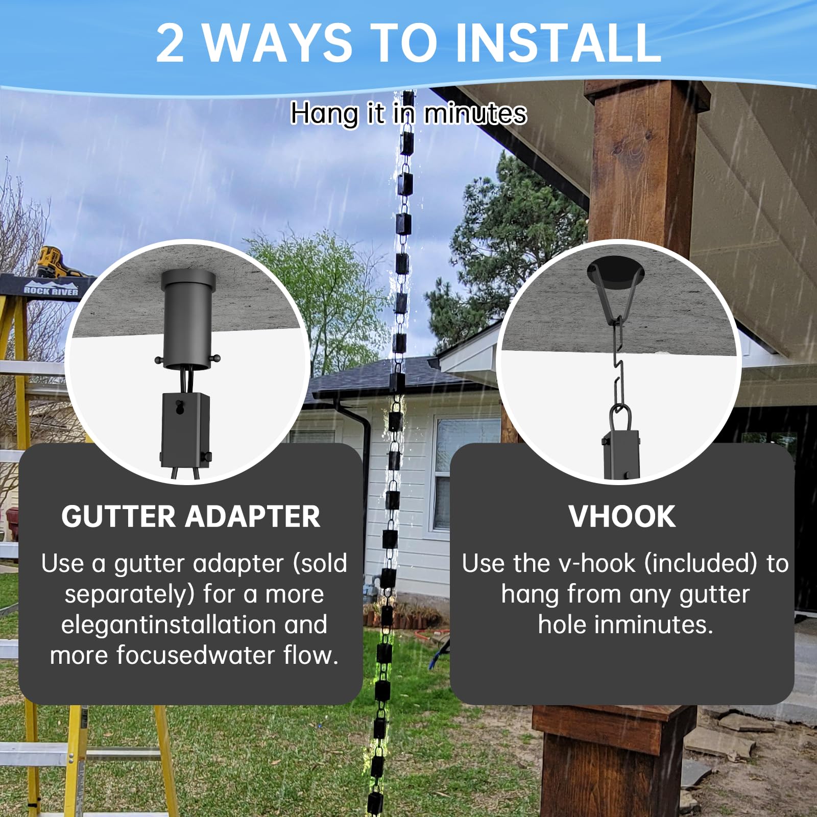 Famiron square rain chain open-flow design illustrates unrestricted water runoff.