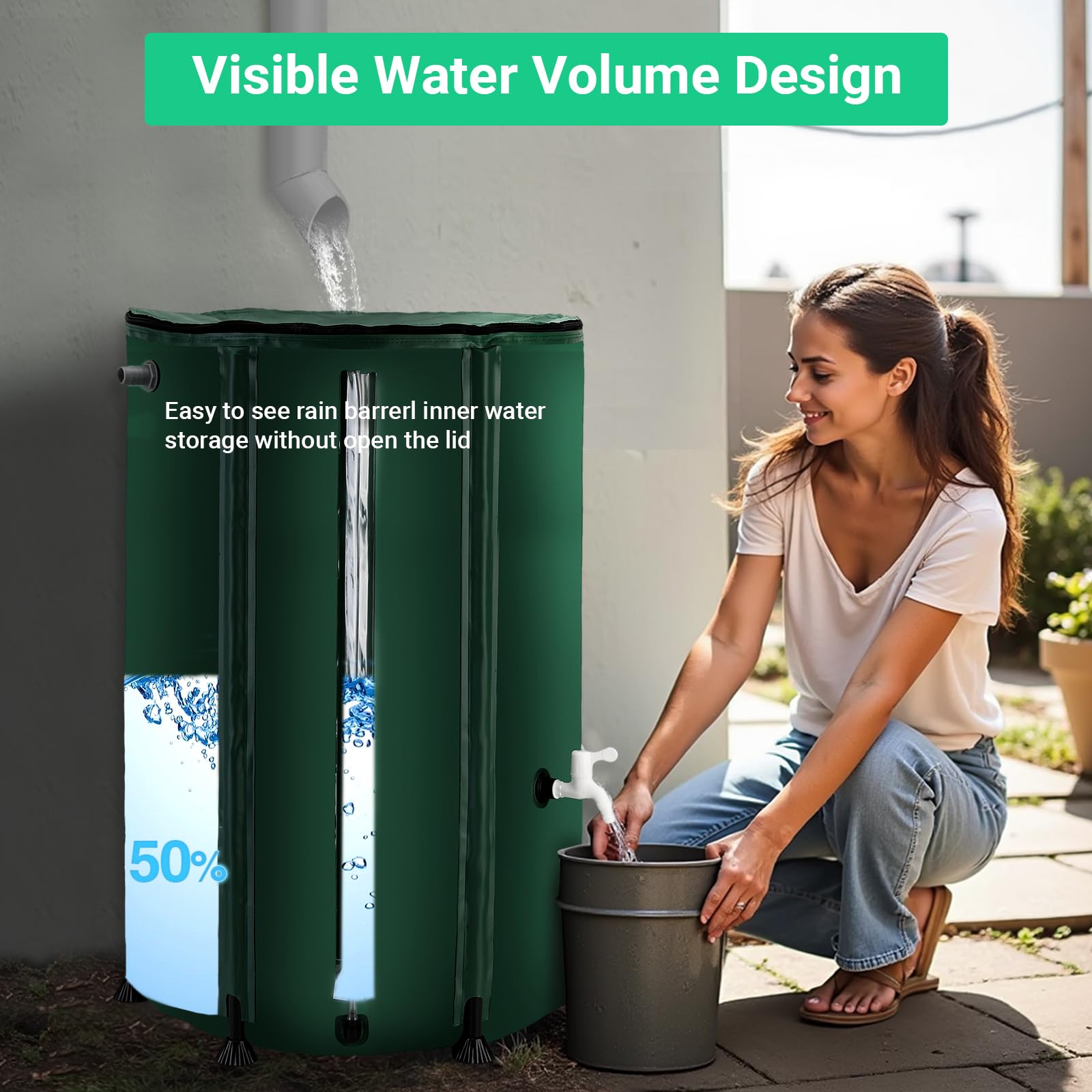 Leak-proof 500D PVC design shown on a FAMIROSA rain barrel.