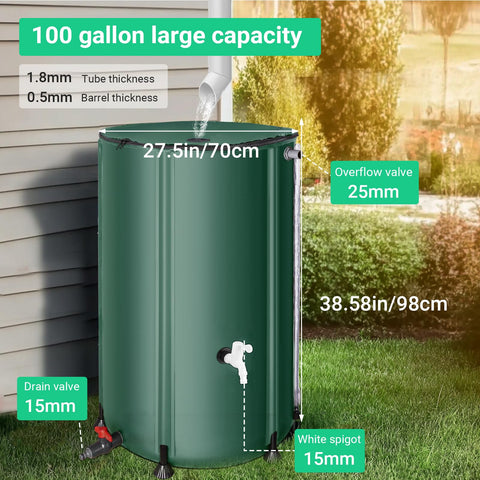 Overflow kit and faucet on a FAMIROSA rain barrel for safe water management.