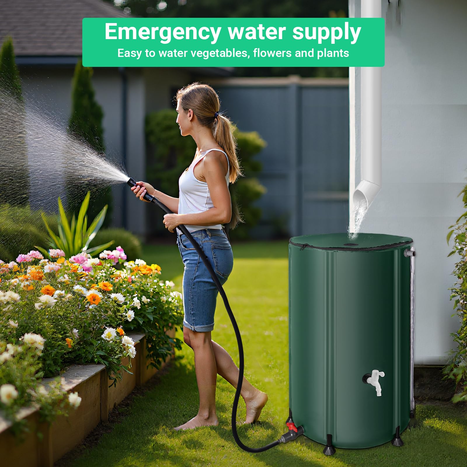 FAMIROSA rain barrel with hose spigot for easy water access.