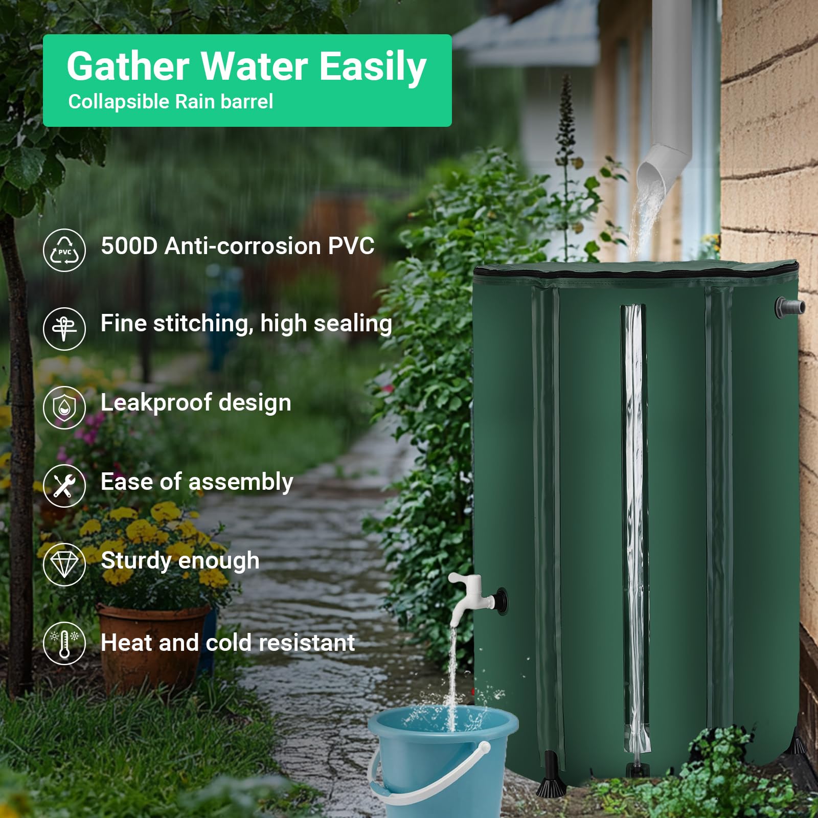 Gutter rainwater being collected by a FAMIROSA barrel for garden use.
