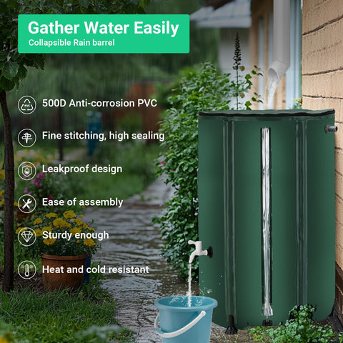 Gutter rainwater being collected by a FAMIROSA barrel for garden use.
