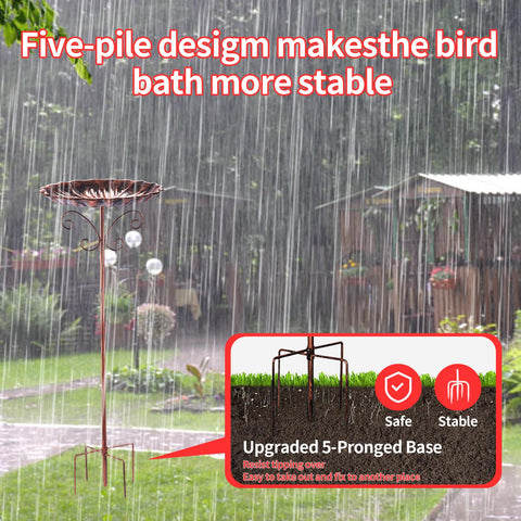Fanado metal bird bath with 5-pronged base resists tipping in wind