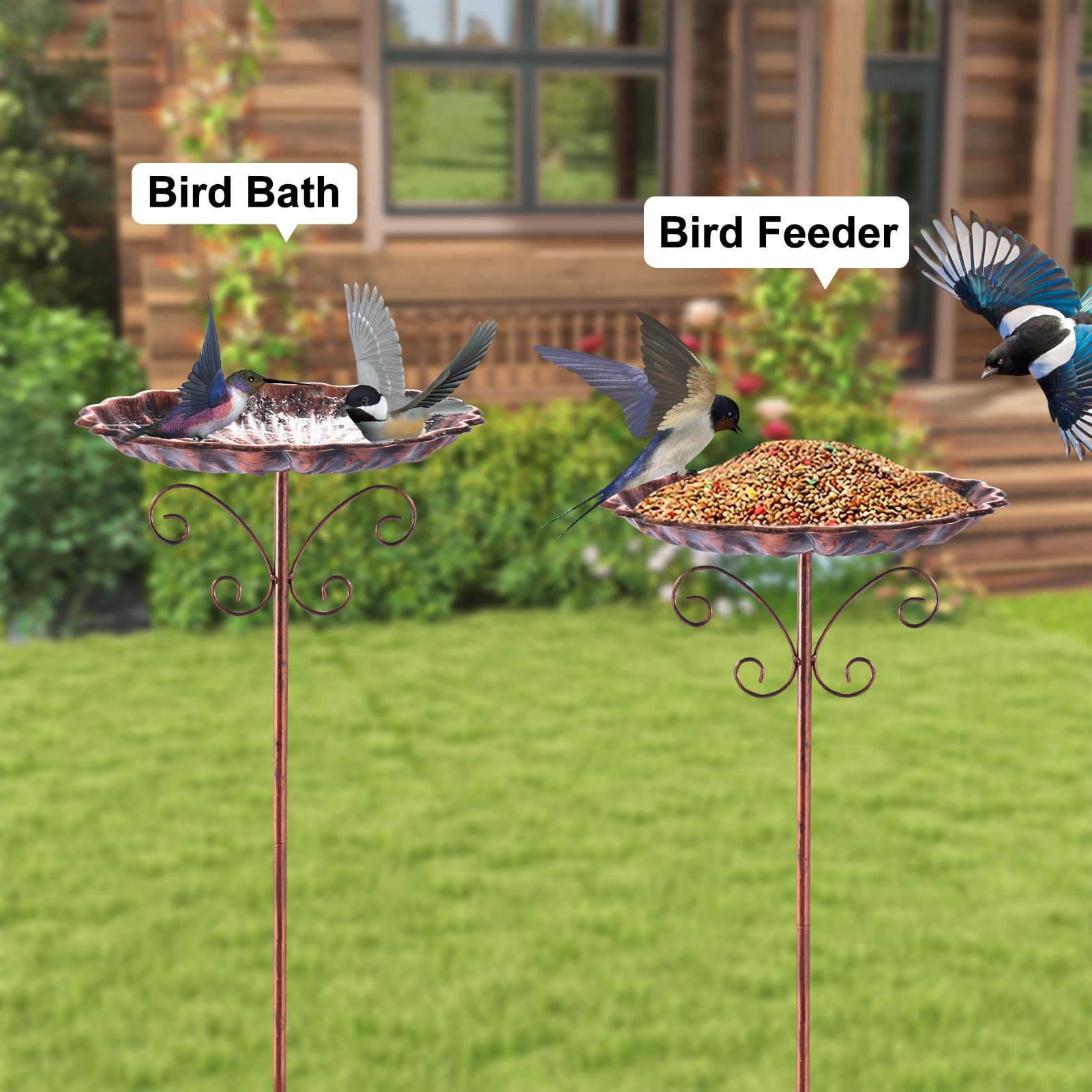 Fanado vintage-style metal bird bath with stand decorating a garden