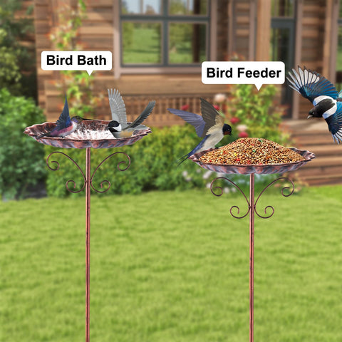 Fanado vintage-style metal bird bath with stand decorating a garden