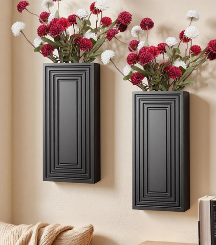 FancyPlus wooden wall vase with 12.5 inch length creating a slim living room focal point.