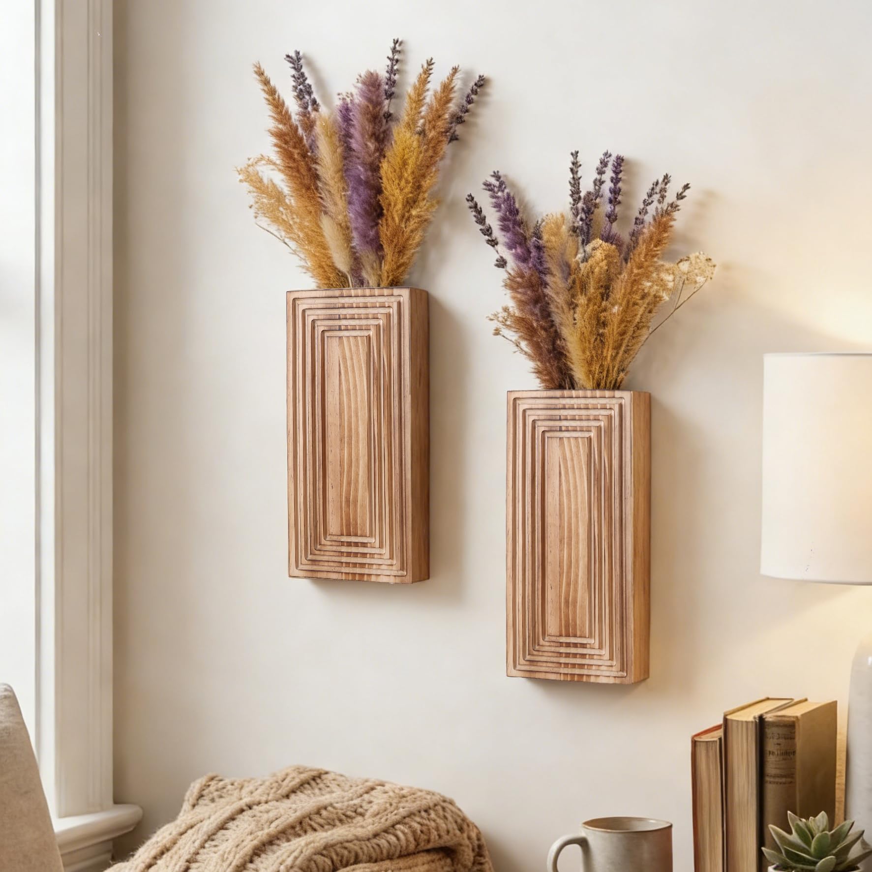 FancyPlus wooden wall vase featuring grooved texture accents a hallway.