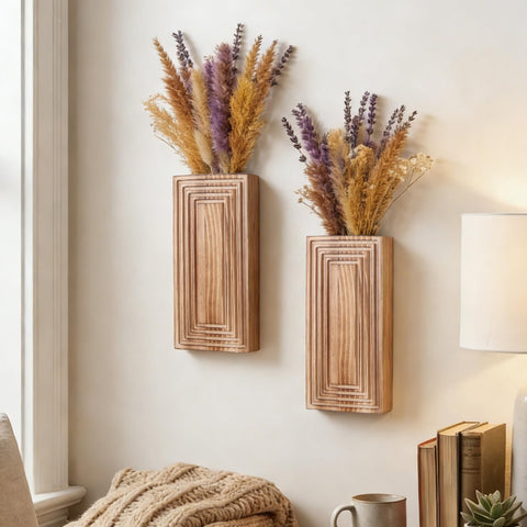 FancyPlus wooden wall vase featuring grooved texture accents a hallway.