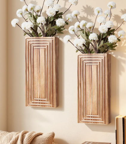 FancyPlus wooden wall vase set of 2 displayed on a clean living room wall.