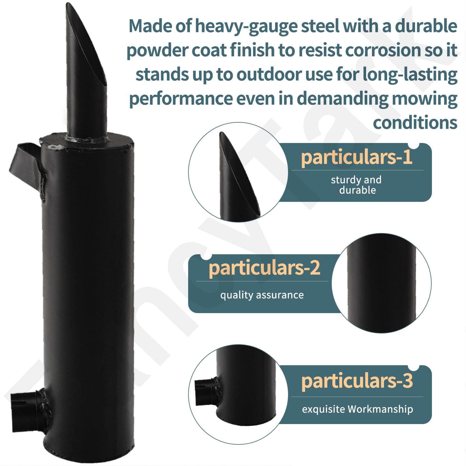 FancyTark IH-393840-R91 muffler safely expels exhaust and shields components.